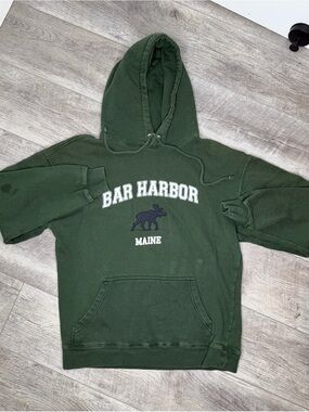 Bar Harbor Maine Green Hooded Sweatshirt with Moose Graphic M